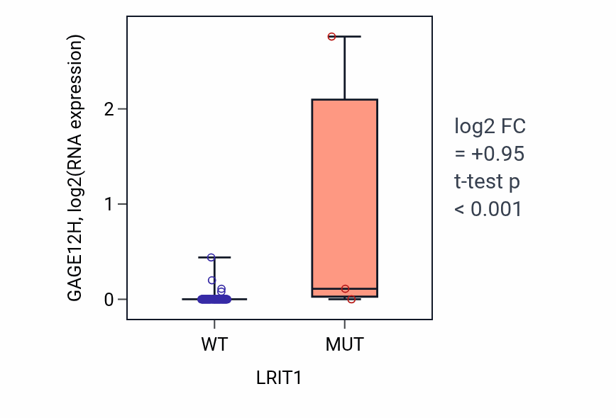 Box plot of GAGE12H in LRIT1-low vs LRIT1-high samples in BLOOD_Leukemia.