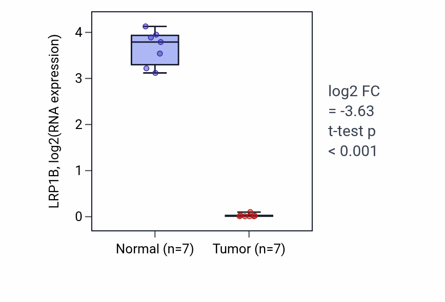 Tumor-vs-normal expression box plot for LRP1B RNA in THCA.