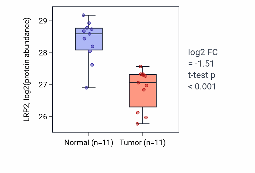 Tumor-vs-normal mass-spec protein box plot for LRP2 in CCRCC.