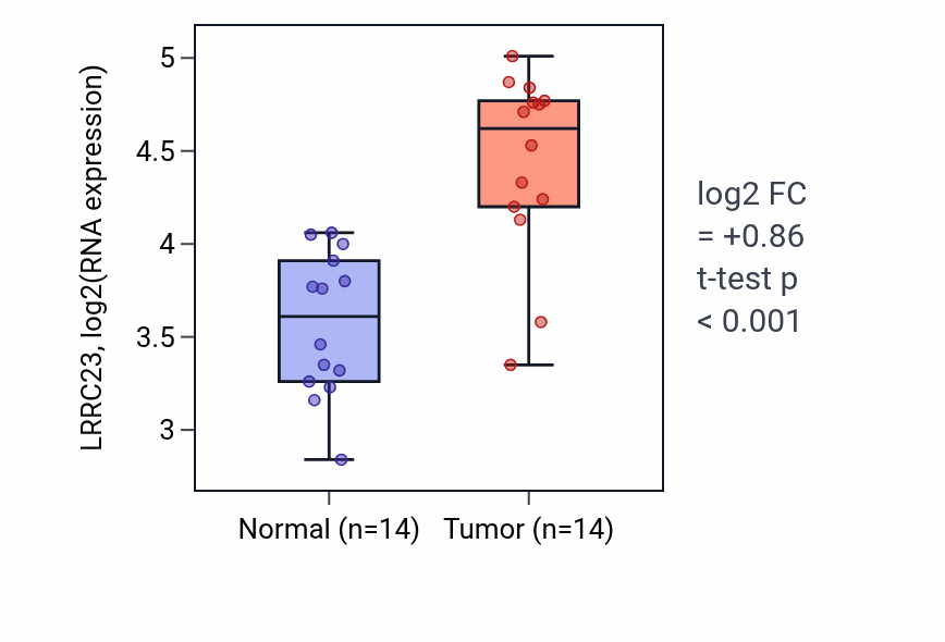 Tumor-vs-normal expression box plot for LRRC23 RNA in KIRC.