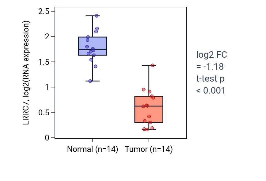 Tumor-vs-normal expression box plot for LRRC7 in THCA.