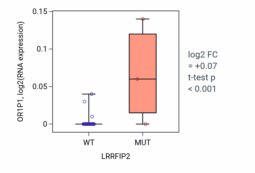 Box plot of OR1P1 in LRRFIP2-low vs LRRFIP2-high samples in LUNG_NSCLC_LUAD.
