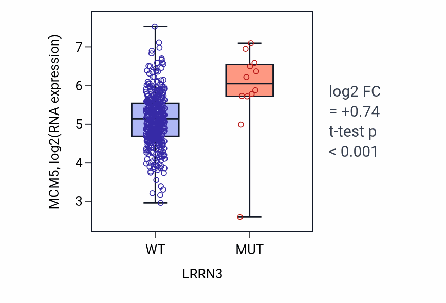Box plot of MCM5 in LRRN3-low vs LRRN3-high samples in COAD.