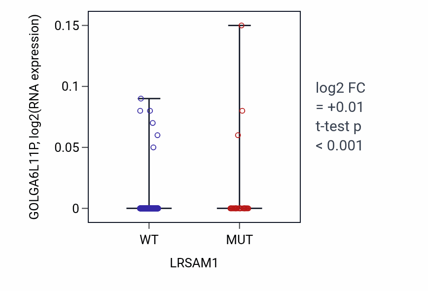 Box plot of GOLGA6L11P in LRSAM1-low vs LRSAM1-high samples in UCEC.