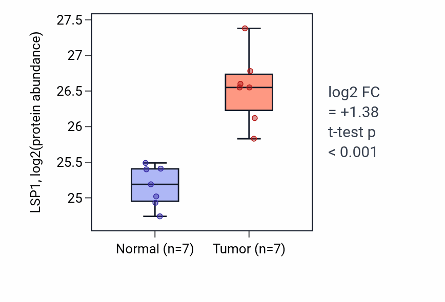 Tumor-vs-normal mass-spec protein box plot for LSP1 in CCRCC.