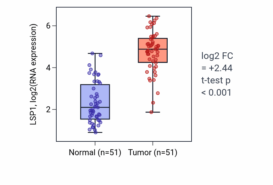 Tumor-vs-normal expression box plot for LSP1 RNA in KIRC.