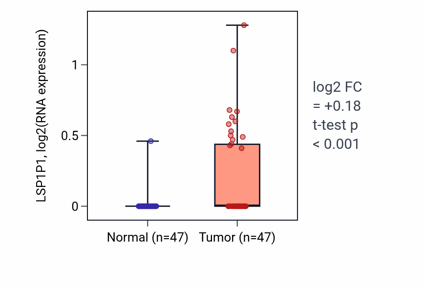 Tumor-vs-normal expression box plot for LSP1P1 in KIRC.