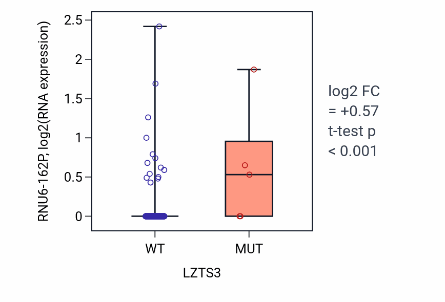 Box plot of RNU6-162P in LZTS3-low vs LZTS3-high samples in STAD.