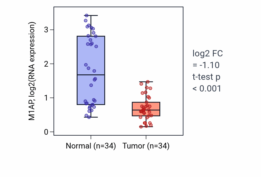 Tumor-vs-normal expression box plot for M1AP RNA in KIRC.