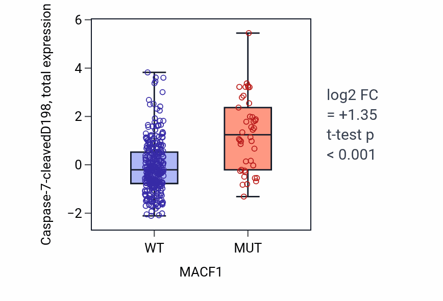 Box plot of Caspase-7-cleavedD198 in MACF1-low vs MACF1-high samples in COAD.