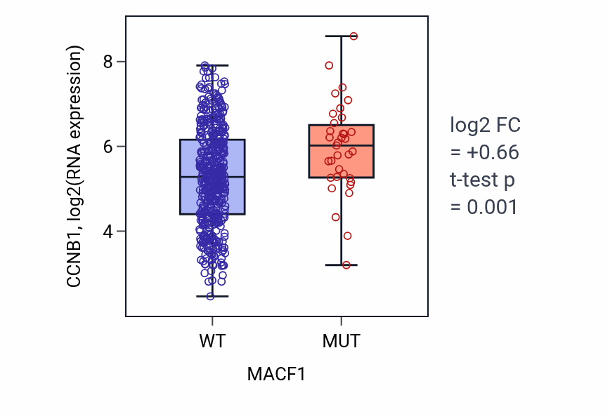 Box plot of CCNB1 in MACF1-low vs MACF1-high samples in LUAD.