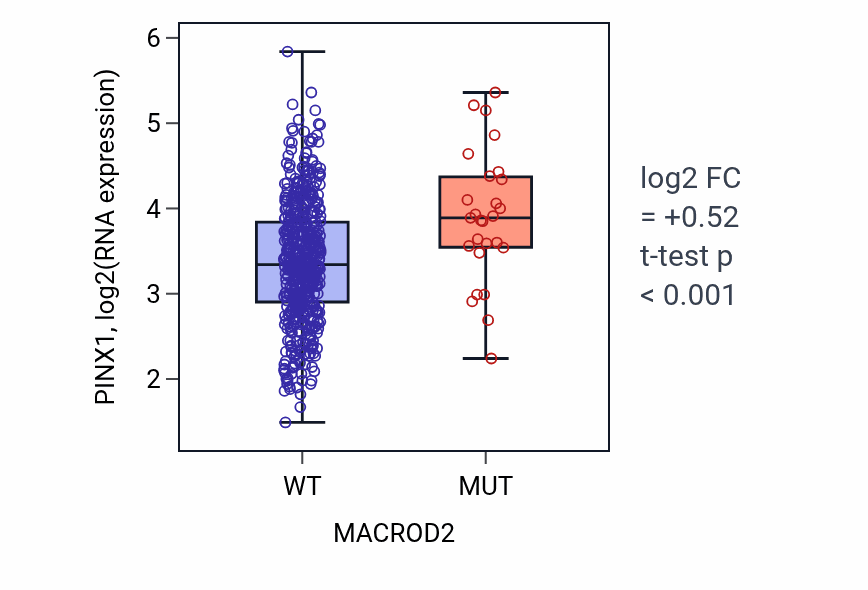 Box plot of PINX1 in MACROD2-low vs MACROD2-high samples in UCEC.
