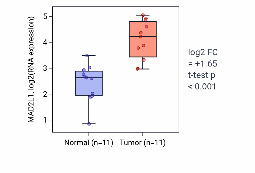 Tumor-vs-normal expression box plot for MAD2L1 RNA in HNSC.