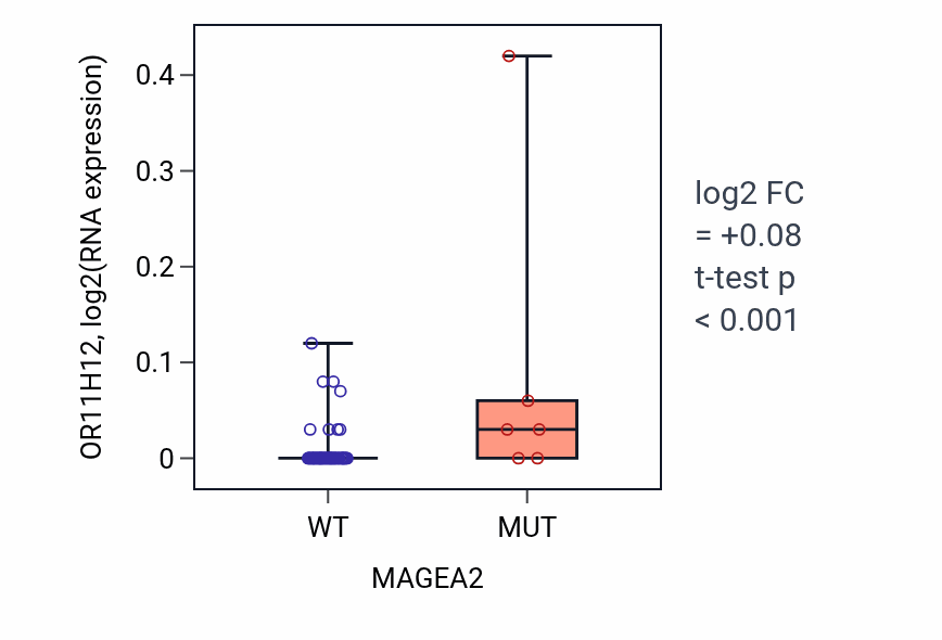 Box plot of OR11H12 in MAGEA2-low vs MAGEA2-high samples in SKIN.
