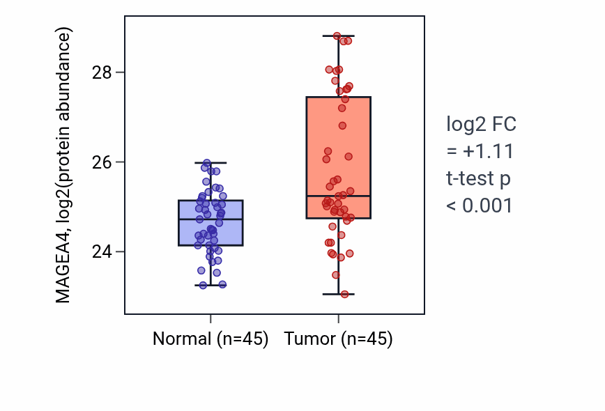 Tumor-vs-normal mass-spec protein box plot for MAGEA4 in HNSC.