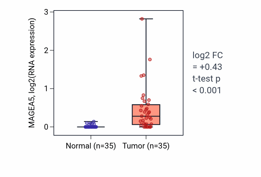 Tumor-vs-normal expression box plot for MAGEA5 in LUSC.