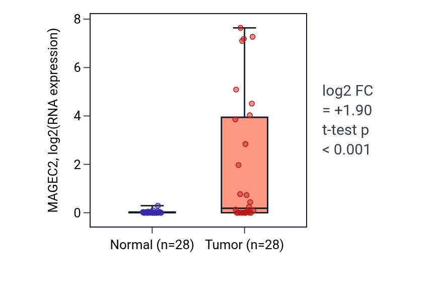 Tumor-vs-normal expression box plot for MAGEC2 in LIHC.
