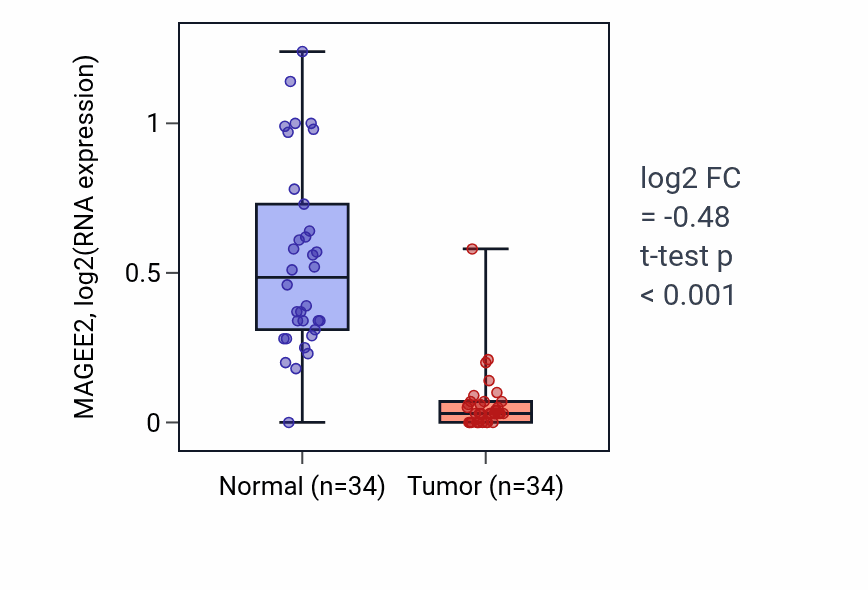 Tumor-vs-normal expression box plot for MAGEE2 in KIRC.