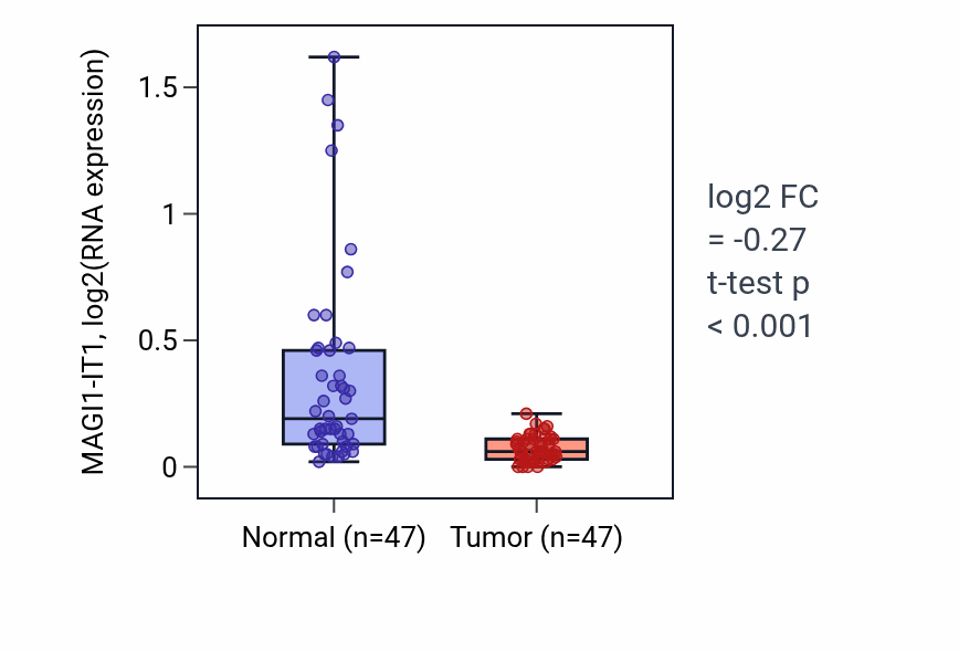 Tumor-vs-normal expression box plot for MAGI1-IT1 in KIRC.