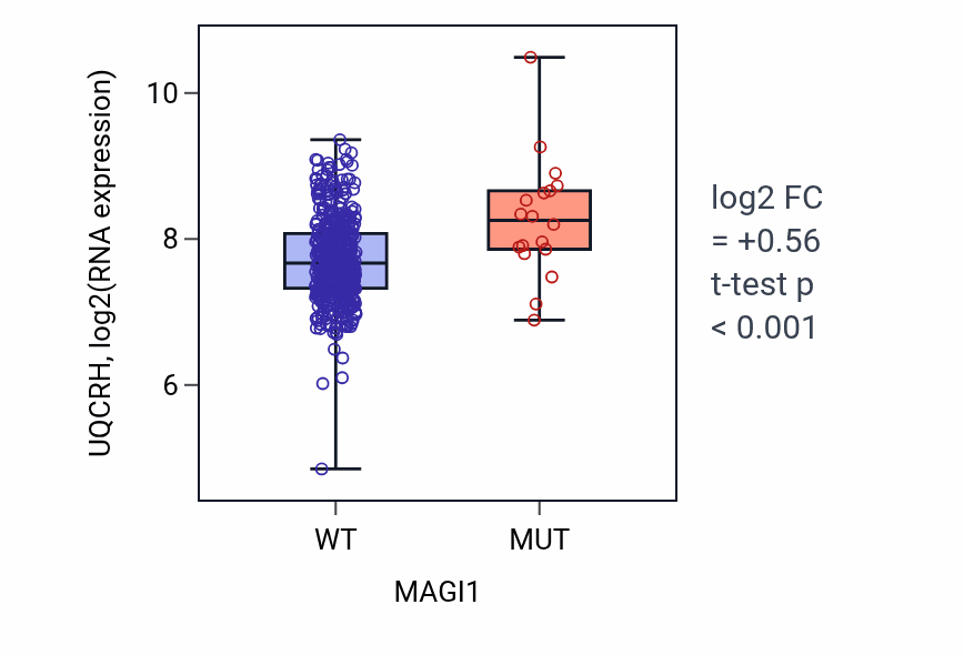 Box plot of UQCRH in MAGI1-low vs MAGI1-high samples in LUAD.