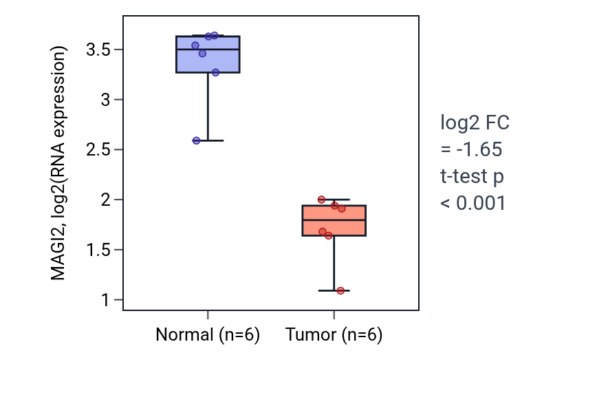 Tumor-vs-normal expression box plot for MAGI2 in KIRC.