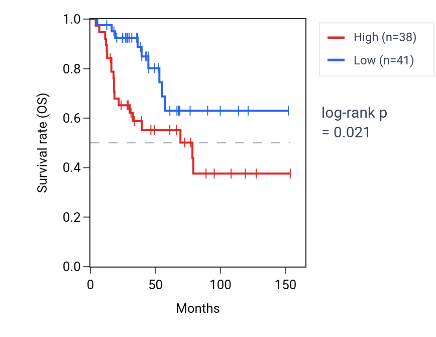 Kaplan&ndash;Meier survival curve for MAJIN RNA expression in ACC: high vs low expression groups.