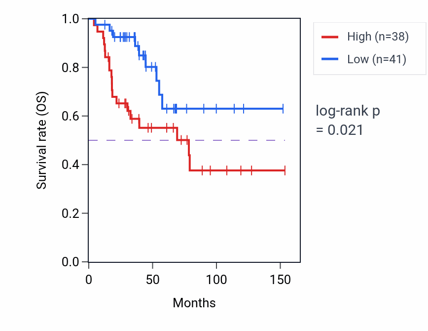 Kaplan&ndash;Meier survival curve for MAJIN RNA-high vs -low samples in ACC.