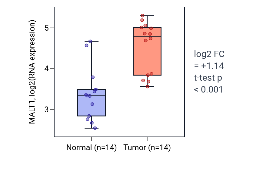 Tumor-vs-normal expression box plot for MALT1 in KIRC.