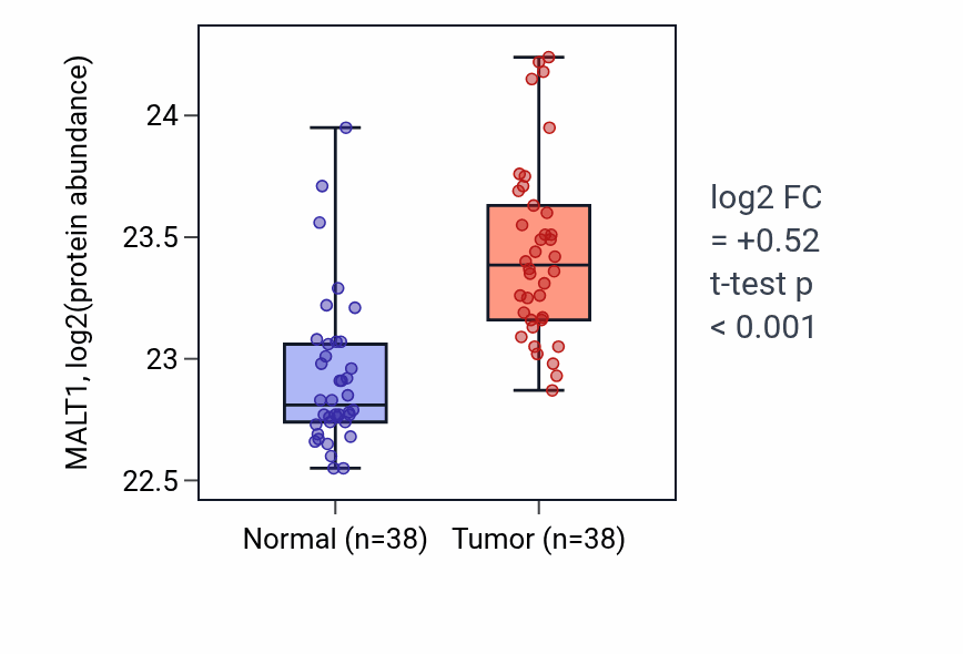 Tumor-vs-normal mass-spec protein box plot for MALT1 in CCRCC.