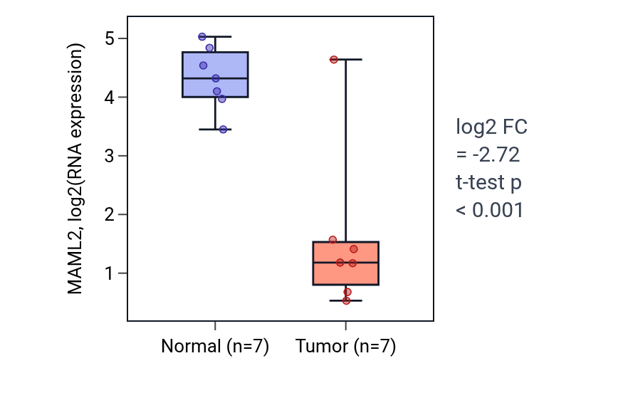 Tumor-vs-normal expression box plot for MAML2 in KICH.