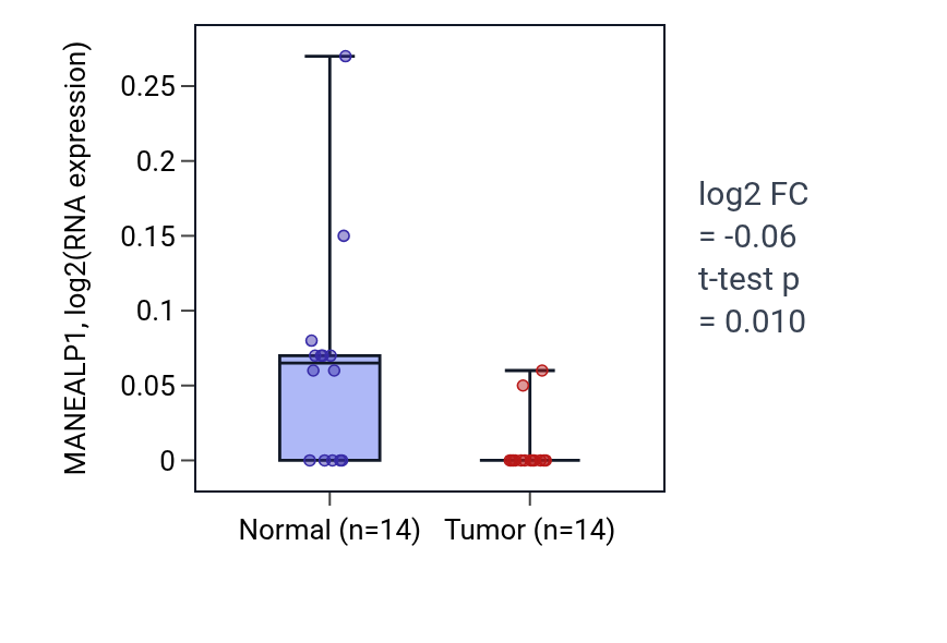 Tumor-vs-normal expression box plot for MANEALP1 in THCA.