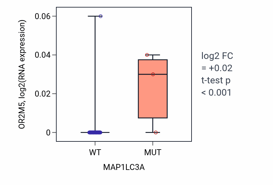 Box plot of OR2M5 in MAP1LC3A-low vs MAP1LC3A-high samples in LARGE_INTESTINE.