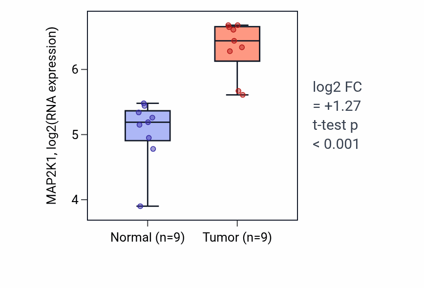Tumor-vs-normal expression box plot for MAP2K1 RNA in HNSC.