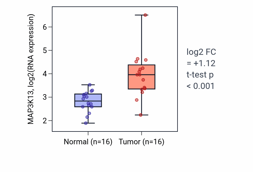 Tumor-vs-normal expression box plot for MAP3K13 RNA in HNSC.