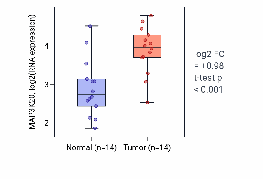 Tumor-vs-normal expression box plot for MAP3K20 RNA in KIRC.