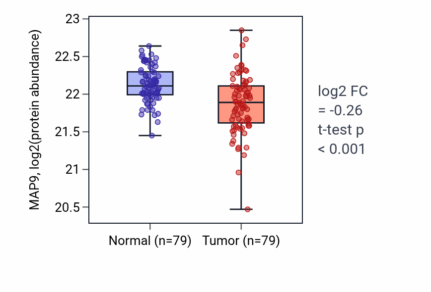Tumor-vs-normal mass-spec protein box plot for MAP9 in LSCC.