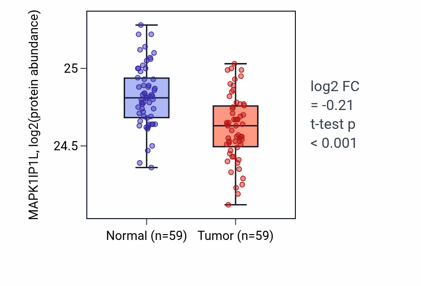 Tumor-vs-normal mass-spec protein box plot for MAPK1IP1L in LSCC.
