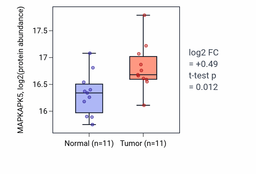 Tumor-vs-normal mass-spec protein box plot for MAPKAPK5 in HNSC.