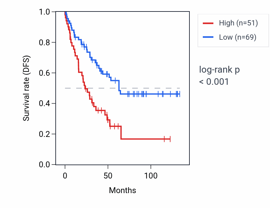 Kaplan&ndash;Meier survival curve for MAPRE3-AS1 RNA expression in KIRC: high vs low expression groups.