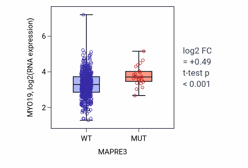 Box plot of MYO19 in MAPRE3-low vs MAPRE3-high samples in UCEC.