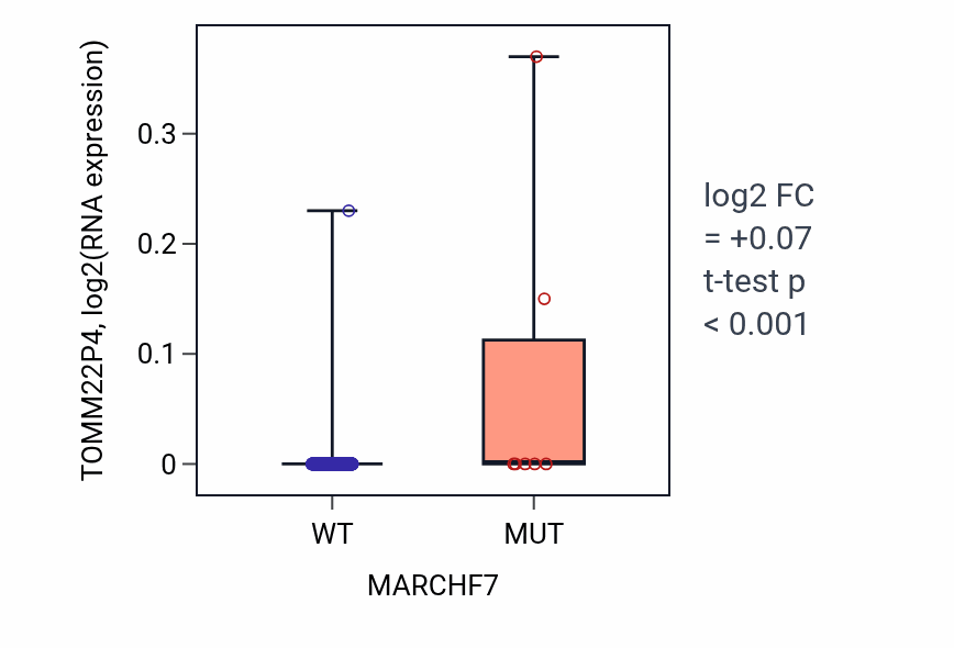 Box plot of TOMM22P4 in MARCHF7-low vs MARCHF7-high samples in LUAD.