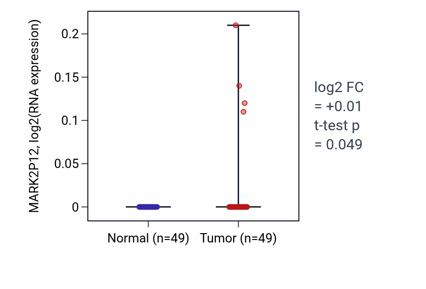 Tumor-vs-normal expression box plot for MARK2P12 in LUSC.