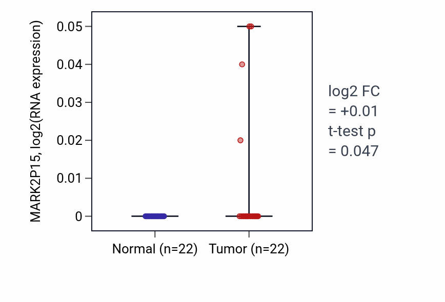 Tumor-vs-normal expression box plot for MARK2P15 in KICH.