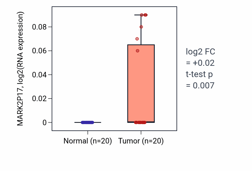 Tumor-vs-normal expression box plot for MARK2P17 in KIRC.