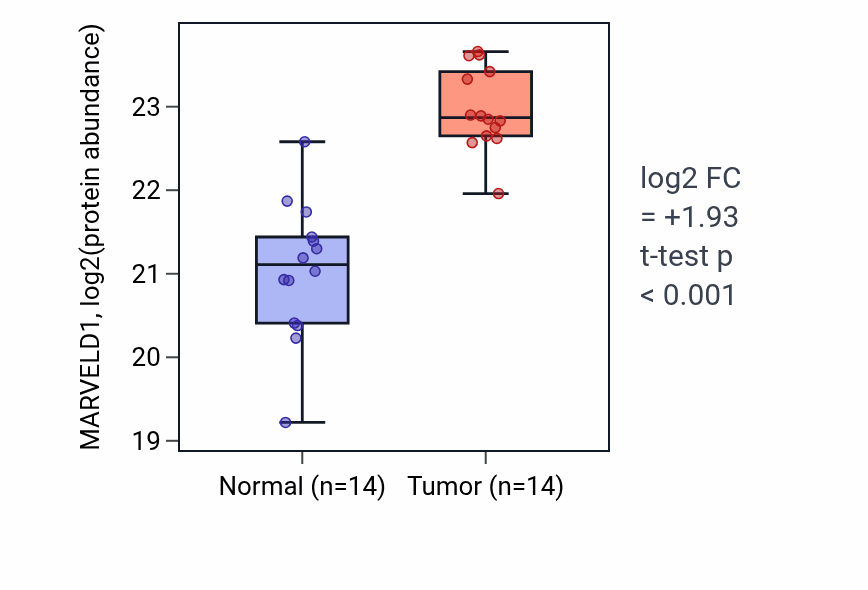 Tumor-vs-normal mass-spec protein box plot for MARVELD1 in PDAC.