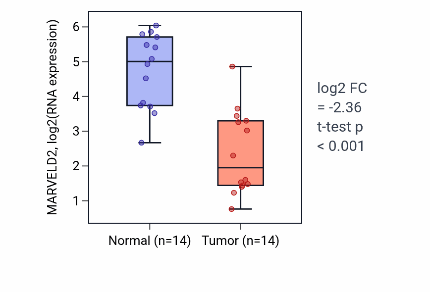 Tumor-vs-normal expression box plot for MARVELD2 RNA in KIRC.