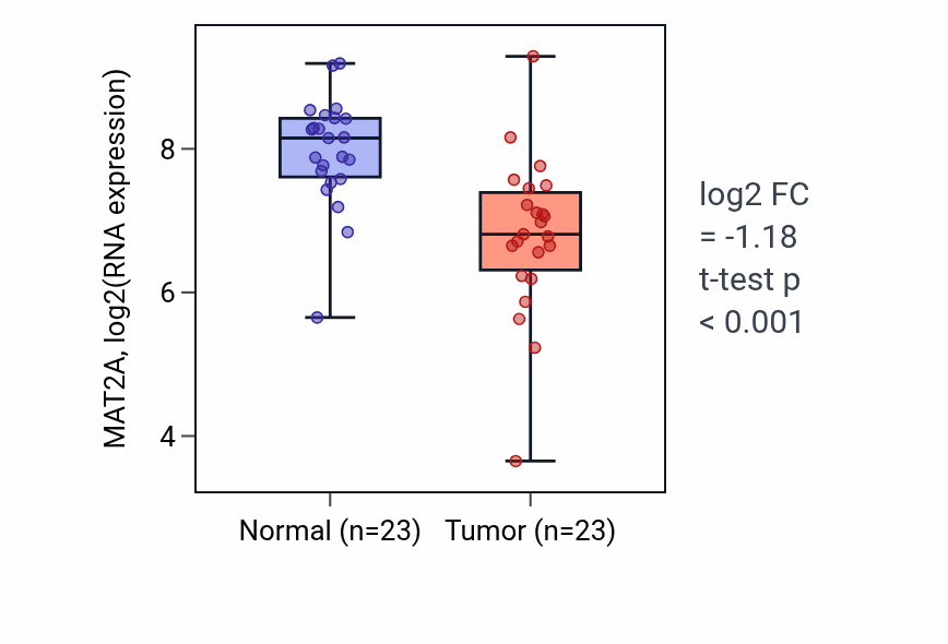 Tumor-vs-normal expression box plot for MAT2A RNA in THCA.