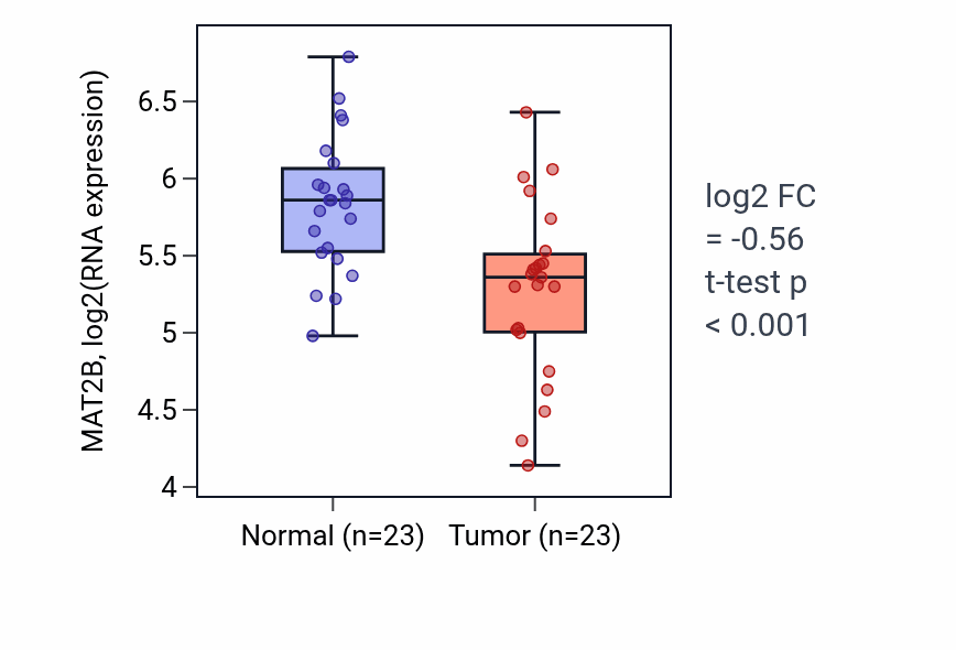 Tumor-vs-normal expression box plot for MAT2B RNA in LUSC.