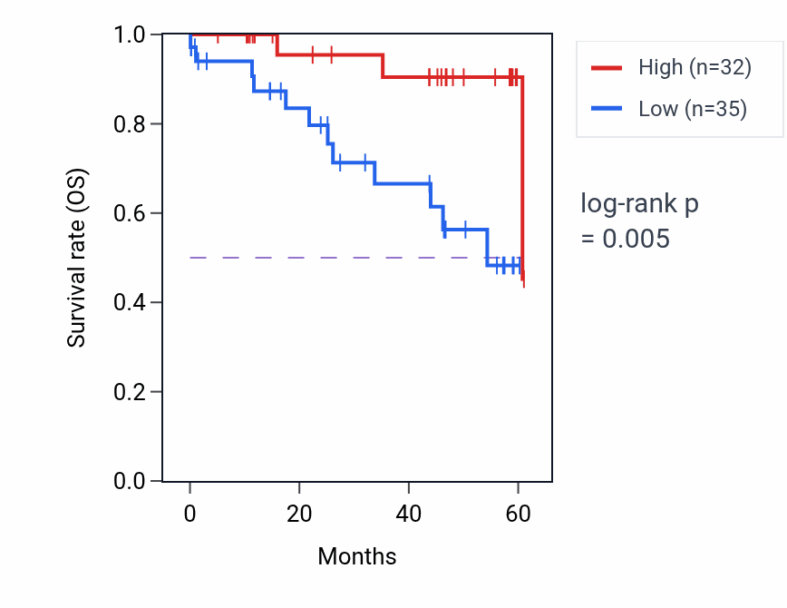 Kaplan&ndash;Meier survival curve for MAZ mass-spec protein-high vs -low samples in LSCC.