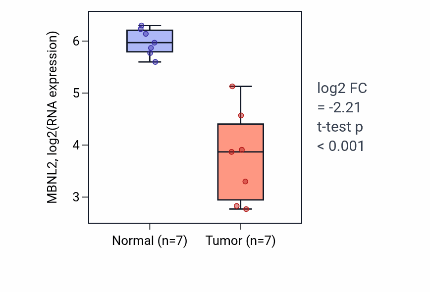 Tumor-vs-normal expression box plot for MBNL2 RNA in KICH.
